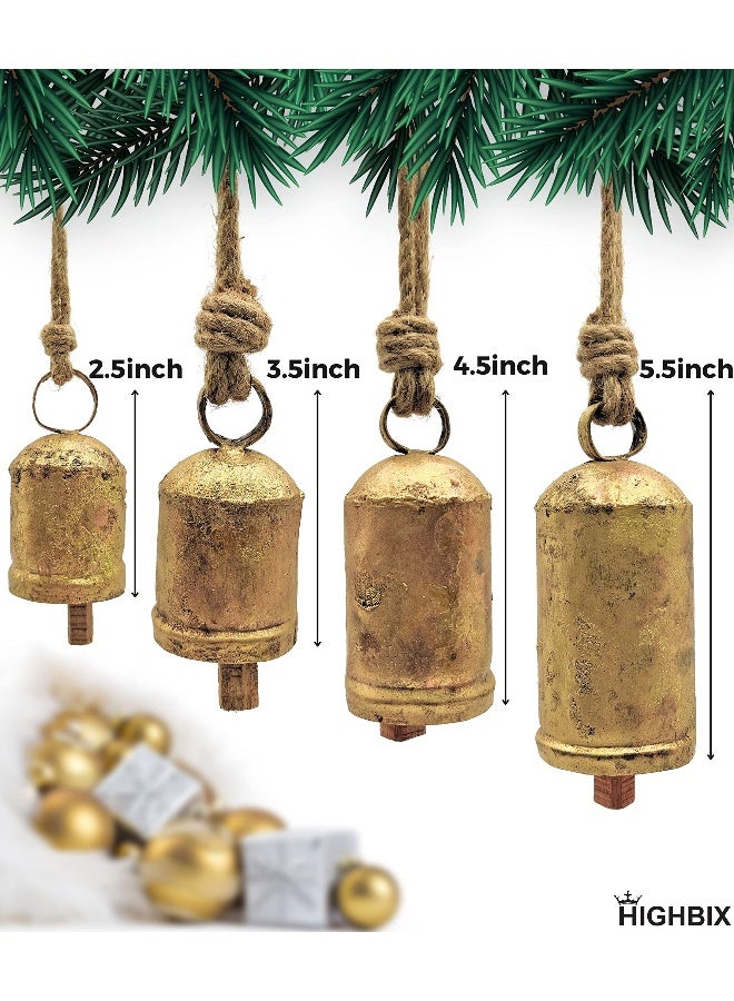HIGHBIX Rustic Christmas Hanging Bells - Handmade Iron Bell Set on Jute Rope - Vintage Shabby Chic Door & Wall Decor - HIGHBIX Farmhouse Holiday Decoration (4) - Image 2